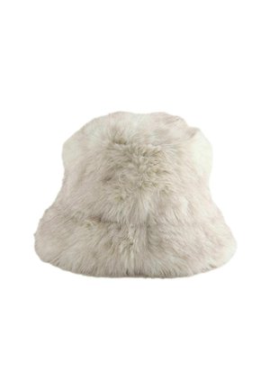 Faux fur bucket hat in off-white. Soft, textured material with a rounded shape and wide brim, featuring a subtle sheen and fluffy finish.