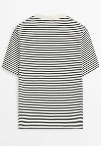Chemise à manches courtes avec des rayures horizontales noires et blanches, col rond, vue de dos sur un fond blanc.