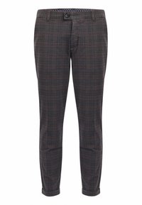 Grijze geruite broek gemaakt van geweven stof, met een getailleerde pasvorm, knoopsluiting en omgeslagen boorden. Voering in de taille met polkadotpatroon.