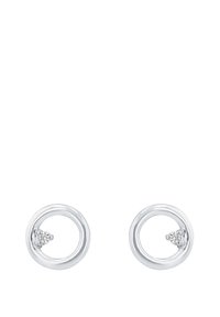 Silver cirkulära stiftörhängen med en liten kluster av tre tiny diamanter i varje cirkel.