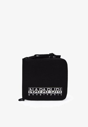 Portafoglio in nylon nero con chiusura a zip. Presenta un logo "NAPAPIJRI" ben visibile. Design compatto a forma quadrata, superficie testurizzata e hardware resistente.
