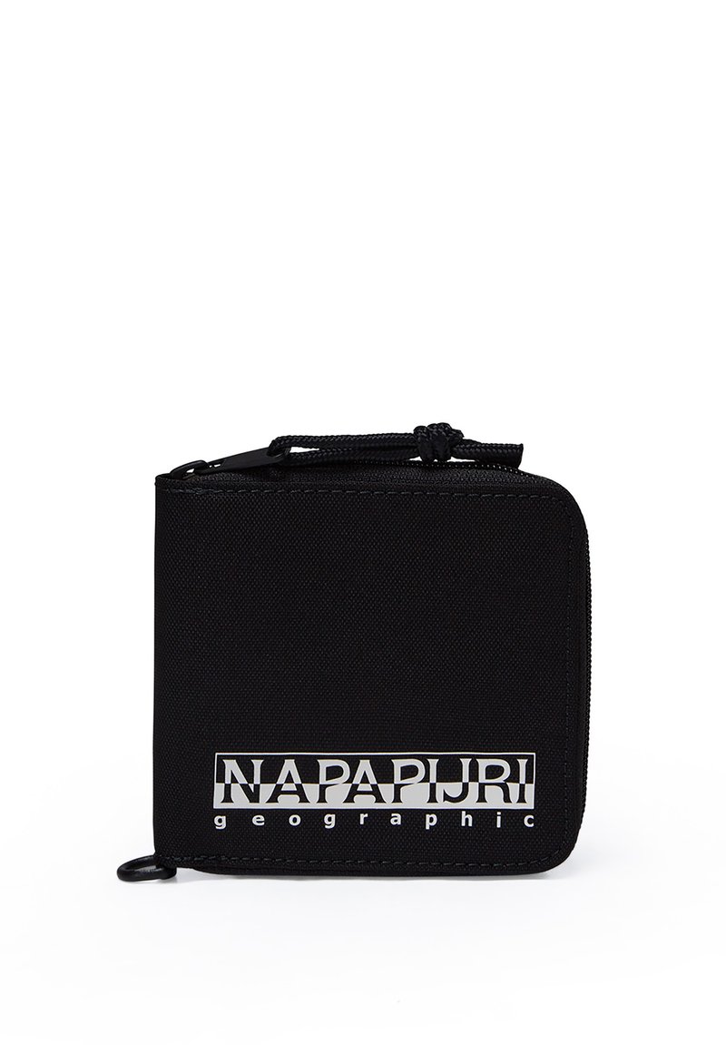 Zwarte nylon portemonnee met een ritsafsluiting. Bevat een opvallend "NAPAPIJRI" logo. Compact vierkant ontwerp, gestructureerde oppervlakte en stevige hardware.