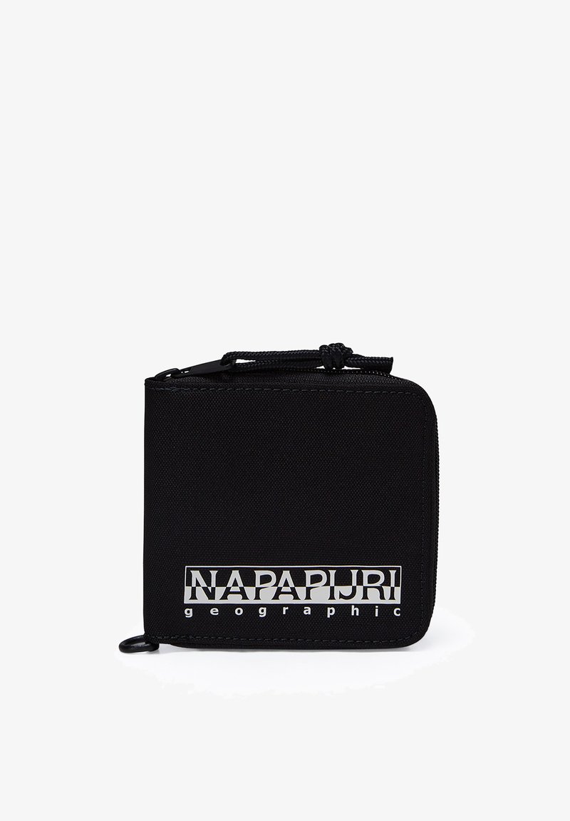 Mustavilla nylon-lompakko, jossa on vetoketjusuljenta. Ominaisuuksiin kuuluu suuri "NAPAPIJRI" -logo. Kompaktin neliön muotoinen muotoilu, teksturoitu pinta ja kestävä mekanismi.