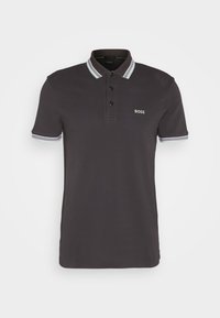 Polo noir en coton, doté d'une patte à deux boutons, col côtelé avec des rayures grises et vertes, et petit logo brodé sur la poitrine.
