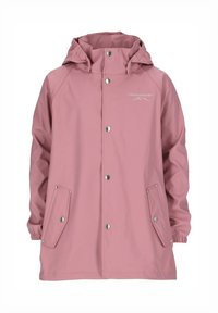 Veste de pluie rose en matériau imperméable, dotée d'une capuche, de boutons-pression, de poignets élastiques et de deux poches avant avec des accents en argent.
