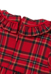 Roter Karostoff mit grünem, weißem und gelbem Schottenmuster, mit Rüschenspiegel und einem roten Reißverschluss.