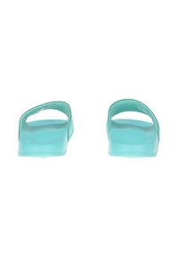 Turquoise slide sandals with an open back, textured material and smooth finish, featuring a minimalist design and curved edges.