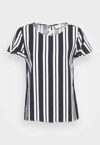 T-shirt de mangas curtas com decote redondo, apresentando riscas verticais alternadas entre azul-marinho e branco, em tecido suave e um corte ligeiramente descontraído.