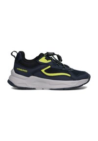 Scarpa sportiva navy con accenti verde chiaro, dettagli in mesh testurizzato e suola bianca. Presenta un sistema di lacci a toggle e un marchio sul lato.