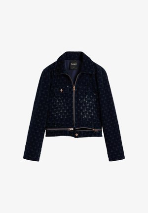 Granatowa kurtka zapinana na zamek z wzorem, z kołnierzem, dwoma kieszeniami na piersi, długimi rękawami i detalem na dole z zamkiem.