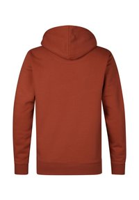 Felpa con cappuccio in arancione ruggine, realizzata in morbido misto cotone. Presenta un design semplice con maniche lunghe e orlo e polsini a coste.