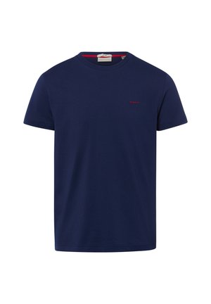 T-shirt en coton bleu marine à manches courtes, col rond, avec un petit logo rouge "GANT" sur le côté gauche de la poitrine.
