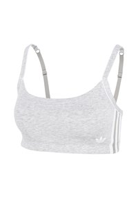 Sujetador deportivo gris claro con tirantes delgados ajustables y las tres rayas blancas de Adidas junto con el logotipo de trébol en el lateral.