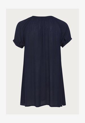 Navyblaues kurzärmliges Oberteil mit lockerer Passform, ausgestattet mit einer gerafften Rückenpasse, umgeschlagenen Ärmeln und leichtem Stoff.