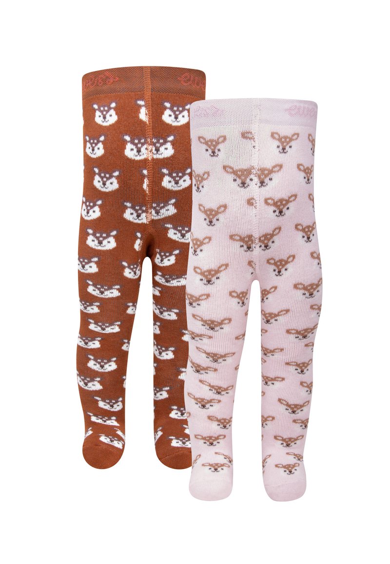Braune und rosa Baumwollstrumpfhosen mit Tiermustern. Braun zeigt weiße und graue Füchse; Rosa zeigt braune Rehe. Weiche Textur, enger Sitz.