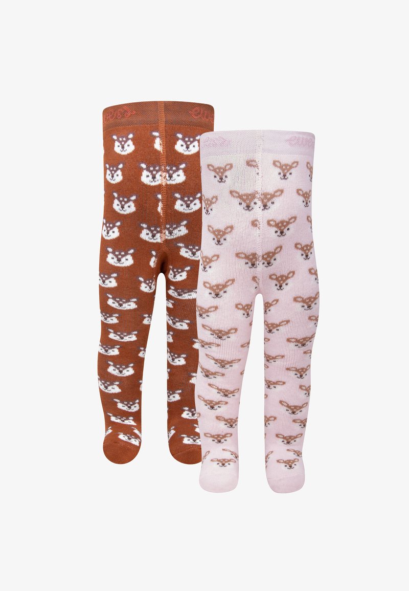 Braune und rosa Baumwollstrumpfhosen mit Tiermustern. Braun zeigt weiße und graue Füchse; Rosa zeigt braune Rehe. Weiche Textur, enger Sitz.