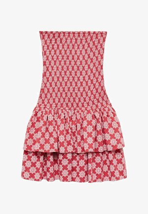 Crvena haljina s gumu na tijelu i dvostrukim volanima, ukrašena bijelim cvjetnim uzorkom. Mekani pamučni materijal.