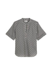 Blouse à manches courtes avec un design à motifs sombres et des formes géométriques en crème et bleu, confectionnée dans un tissu léger.