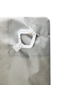 Gray textured fabric with a white plastic hook attached. Features stitching details and a reinforced corner for durability.