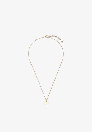 Collier chaîne en or avec un pendentif croix blanc minimaliste, doté d'une chaîne délicate et d'un fermoir mousqueton avec un rallongeur pour une longueur ajustable.