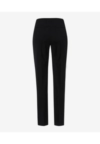Pantalon noir sur mesure à jambes droites vu de dos, avec une taille haute et des coutures élégantes sur fond blanc.