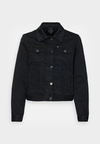 Black denim jacket featuring a collared neckline, button closures, two chest pockets, and a cropped fit with stitched detailing on the front.