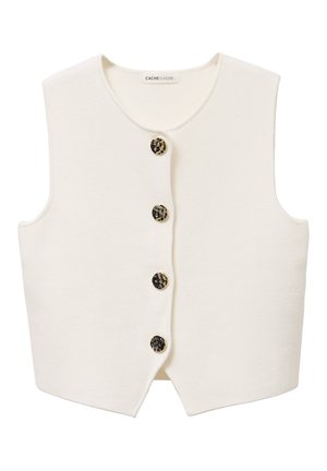 Veste blanche sans manches avec encolure ronde et quatre boutons décoratifs noirs et dorés sur le devant.