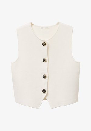 Ærmeløs hvid vest med rund halsudskæring og fire dekorative sorte og guldknapper ned foran.