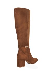 Brown suede knee-high boot with a chunky heel, featuring a gold accent at the ankle and smooth texture. Side view, minimal stitching details.