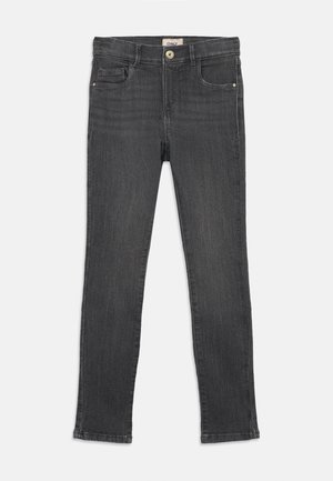 Mørkegrå denim jeans med slim fit, der har lynlås, knaplukning, fem lommer og subtilt slid på stoffet.