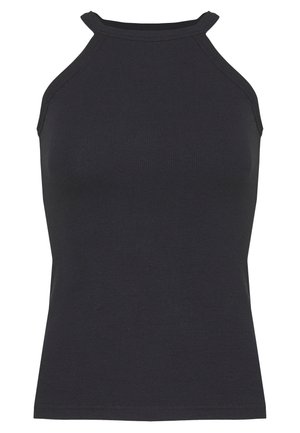 Haut à bretelles noir côtelé avec une coupe ajustée, doté d'un col haut et de fines bretelles. Texture lisse sans motifs ni accents supplémentaires.