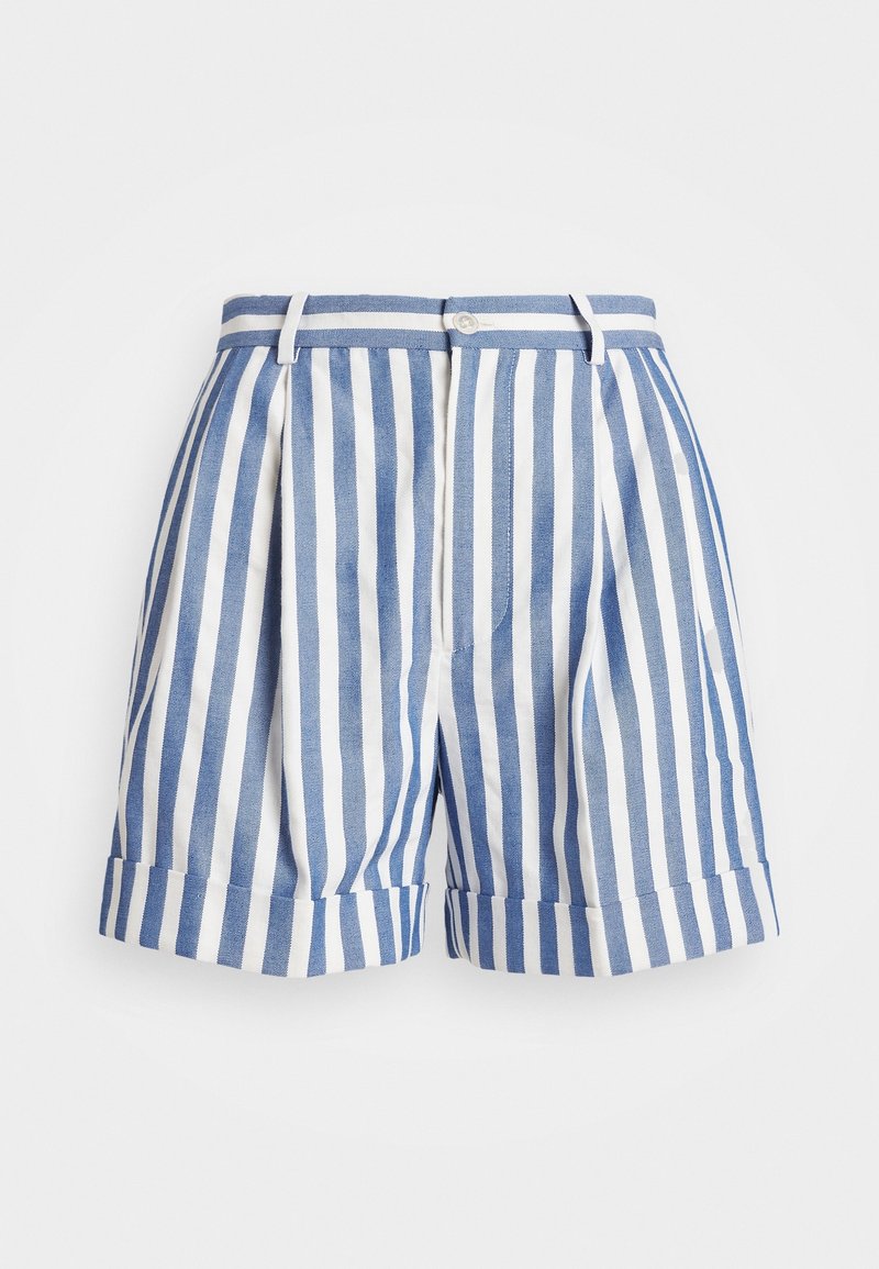 Shorts ajustés à rayures verticales bleu et blanc avec ourlet retroussé, taille munie de passants de ceinture et fermeture avant par bouton.