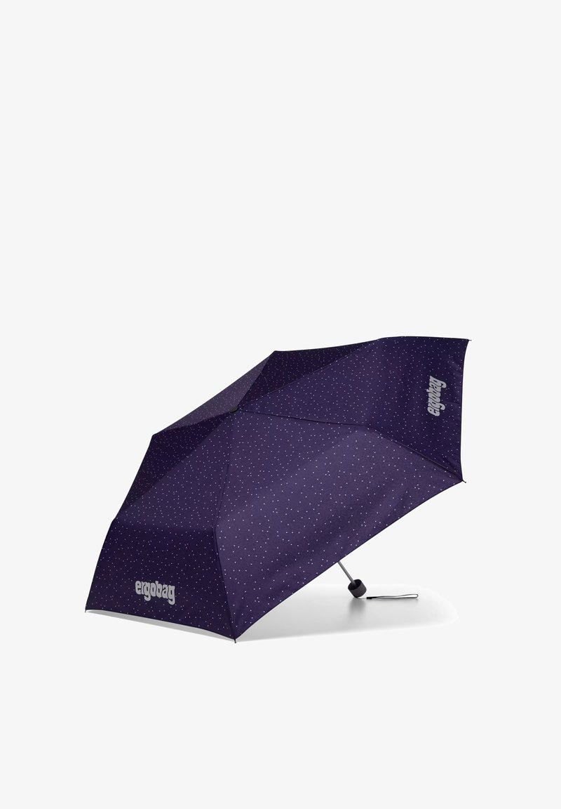 Purple umbrella with white polka dots, collapsible design, metallic handle, and logo on one panel. Fabric texture appears smooth.