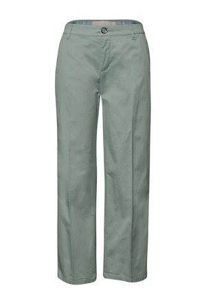 Pantalon droit vert clair avec passants pour ceinture, bouton à l'avant, fermeture éclair, et poches latérales, présenté sur un fond blanc.