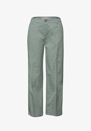 Pantalon droit vert clair avec passants pour ceinture, bouton à l'avant, fermeture éclair, et poches latérales, présenté sur un fond blanc.