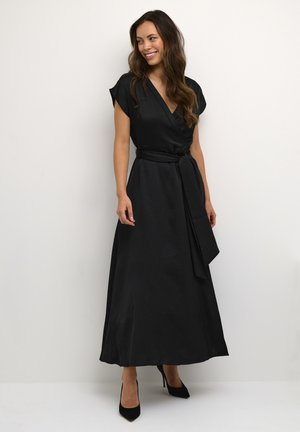 Black wrap dress with short sleeves, a tie belt at the waist, and a full-length skirt, featuring a smooth texture and elegant silhouette.