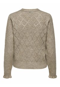 Ljusbeige stickad tröja med diamantschema, ribbade manschetter och nederkant. Tyget har en strukturerad, öppen vävdesign.