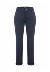 Pantalons en coton bleu marine foncé avec une coupe droite, fermeture à bouton, passants de ceinture et ourlets retroussés. Texture lisse sans motifs.