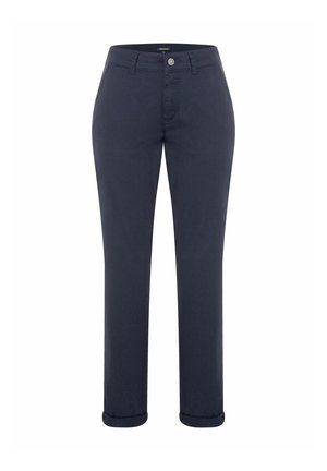 Pantalons en coton bleu marine foncé avec une coupe droite, fermeture à bouton, passants de ceinture et ourlets retroussés. Texture lisse sans motifs.