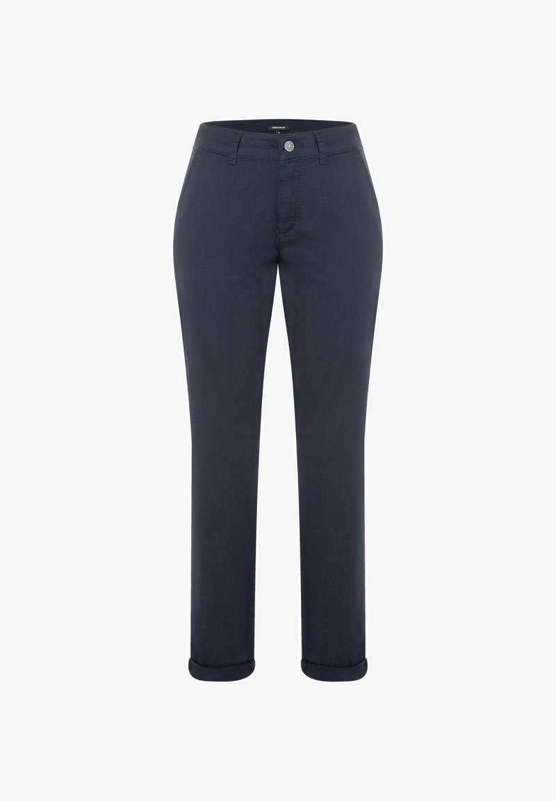 Pantalons en coton bleu marine foncé avec une coupe droite, fermeture à bouton, passants de ceinture et ourlets retroussés. Texture lisse sans motifs.