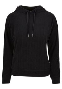 Sweat à capuche noir côtelé à manches longues avec cordons réglables et coupe décontractée, en tissu velours doux.