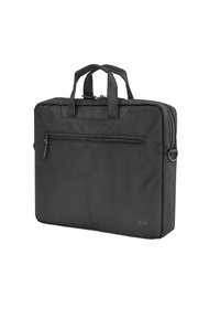 Czarna torba na laptopa z tkaniny, z dwoma górnymi uchwytami, zamknięciem na zamek błyskawiczny, kieszenią na przedniej części z zamkiem oraz prostokątnym kształtem. Teksturowana powierzchnia.
