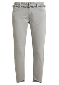 Grå smala jeans med en fransad midja och fåll. Tillverkade av denim material, med en jämn textur och standard femficksdesign.