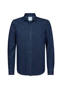 Camicia in denim blu scuro con maniche lunghe, colletto a punta, chiusura con bottoni e dettagli a yoke western. Presenta polsini con bottoni e una texture liscia.