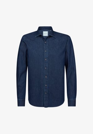 Mørkeblå denimskjorte med lange ærmer, spids krave, knaplukning foran og western yoke detaljer. Har knappede manchetter og en glat tekstur.