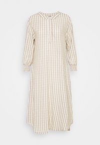 Beige randig klänning gjord av lätt tyg. Har en rund halsringning, långa puffärmar med elastiska manschetter och en knappslå.