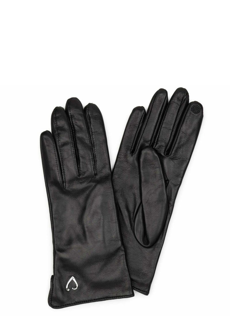 Guanti in pelle nera con una texture liscia, design a cinque dita e un accento argento a forma di cuore sul polsino.