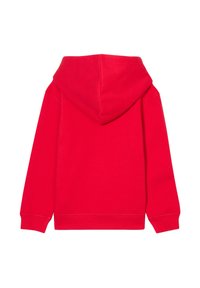 Red cotton hoodie featuring a spacious hood, long sleeves, and a relaxed fit, with a smooth texture and no visible embellishments.