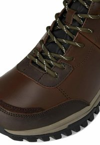 Bottines de randonnée en cuir marron avec une surface texturée, des accents foncés et une semelle en caoutchouc robuste. Comprend des lacets et des détails de couture marron et verts.