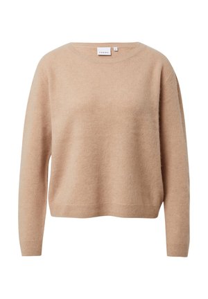 Beżowy sweter wykonany z miękkiego materiału, z okrągłym dekoltem i długimi rękawami. Prosty, luźny fason ze lekko skróconym krojem.